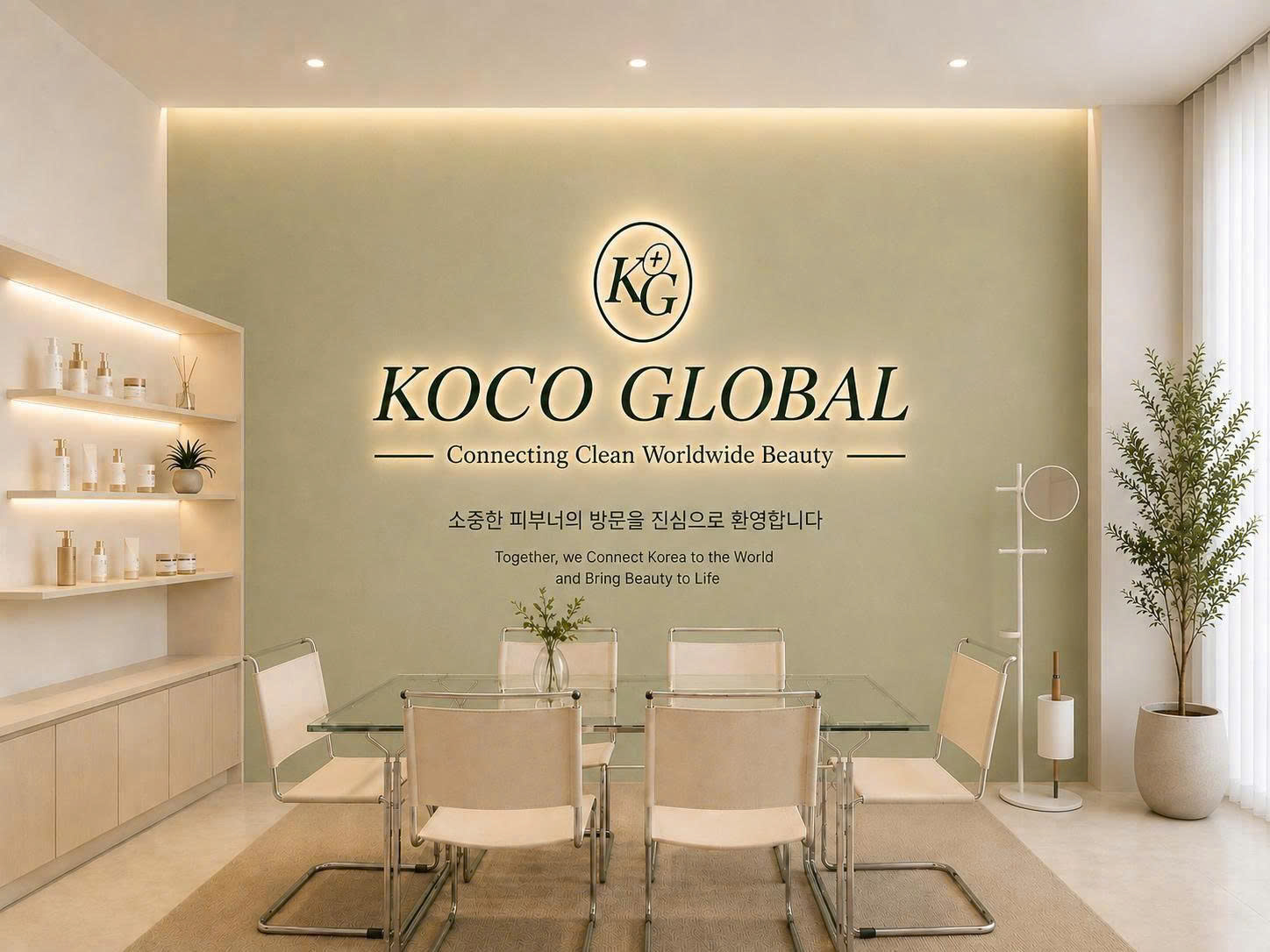 코코글로벌 사무실 브랜드 월 — KOCO GLOBAL 로고와 'Together, we Connect Korea to the World' 메시지