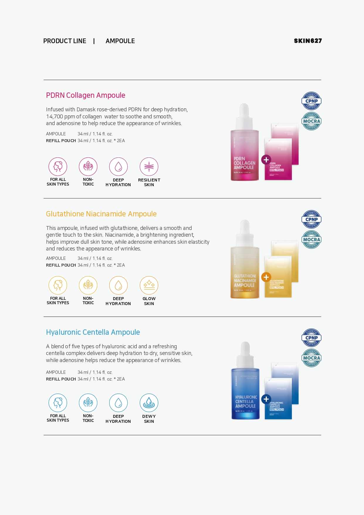 SKIN627 PDRN Collagen Ampoule, Glutathione Niacinamide Ampoule, Hyaluronic Centella Ampoule