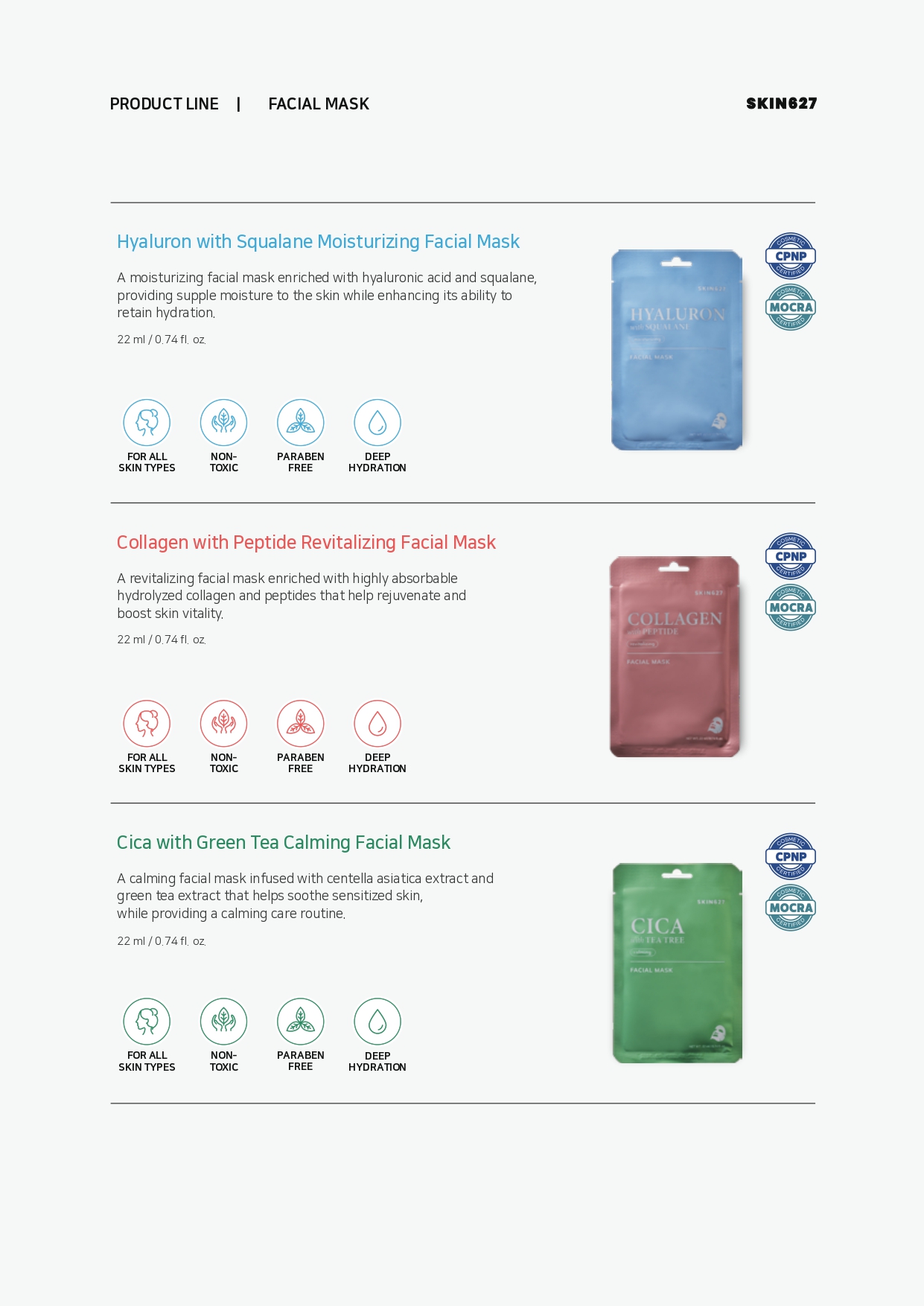 SKIN627 Hyaluron, Collagen, Cica Facial Mask