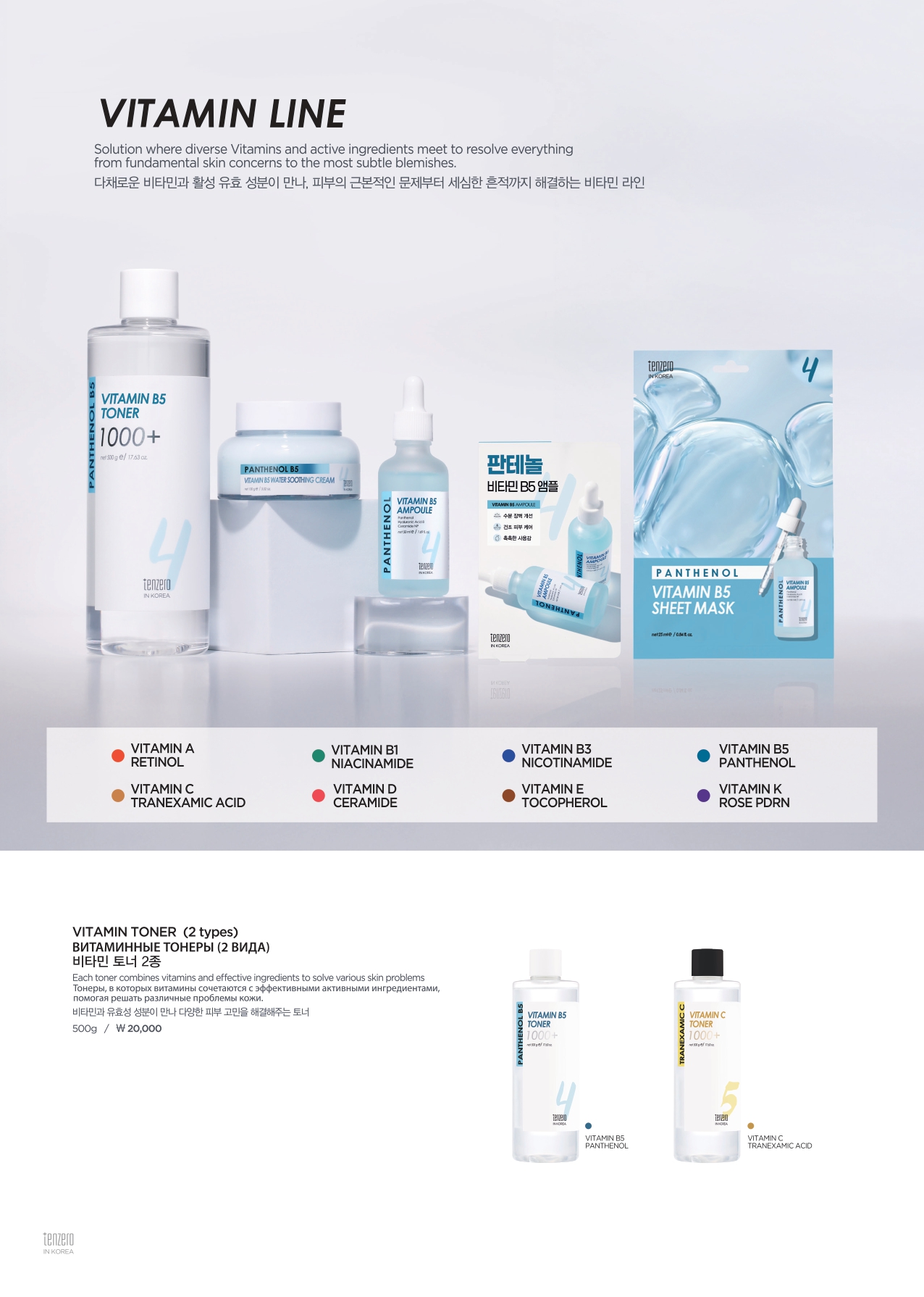 TENZERO Vitamin Line — Panthenol B5 Toner, Cream, Ampoule, Sheet Mask