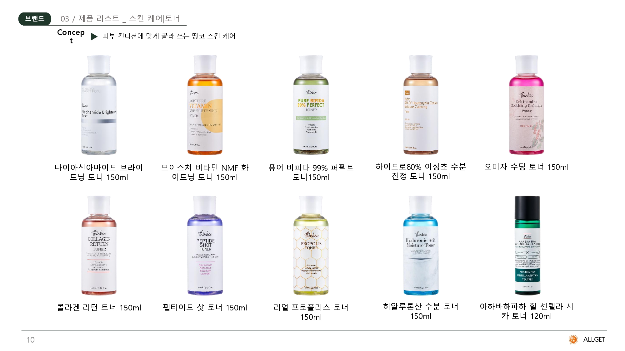 THINKCO 스킨케어 토너 컬렉션 10종 — 나이아신아마이드, 비타민 NMF, 비피다, 콜라겐, 펩타이드, 프로폴리스, 히알루론산, AHA BHA PHA